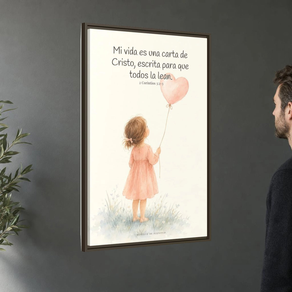 Mi vida es una carta de Cristo — Lienzo Cristiano Enmarcado | 2 Corintios 3:2-3 — 24×36 pulgadas, marco espresso, vista angular ambiental del marco flotante, escala física calibrada