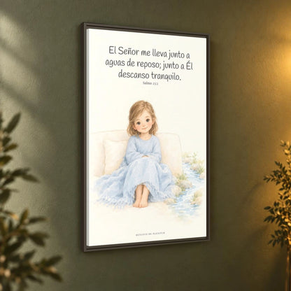 Junto a aguas de reposo me pastorea — Lienzo Cristiano Enmarcado | Salmo 23:2 — 24×36 pulgadas, marco espresso, vista angular ambiental del marco flotante, escala física calibrada
