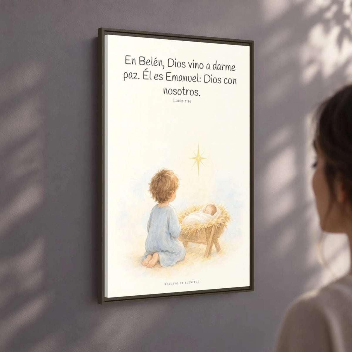 En Belén, Dios vino a darme paz — Lienzo Cristiano Enmarcado | Lucas 2:14 — 24×36 pulgadas, marco espresso, vista angular ambiental del marco flotante, escala física calibrada