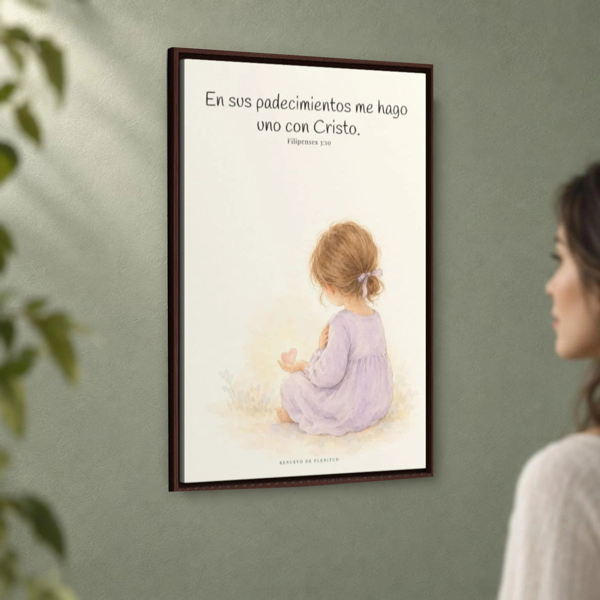 Participar de sus padecimientos me acerca a Él | Arte bíblico para pared | Filipenses 3:10 — 24×36 pulgadas, marco espresso, vista angular ambiental del marco flotante, escala física calibrada