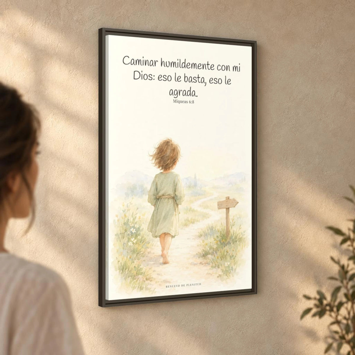 Caminar con Dios es suficiente — Lienzo Cristiano Enmarcado | Miqueas 6:8 — 24×36 pulgadas, marco espresso, vista angular ambiental del marco flotante, escala física calibrada