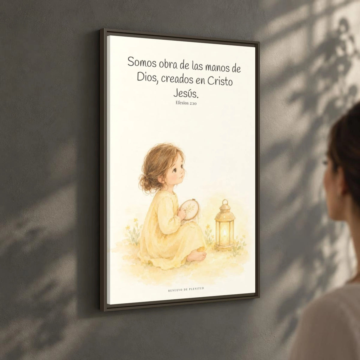 Somos obra de las manos de Dios — Lienzo Cristiano Enmarcado | Efesios 2:10 — 24×36 pulgadas, marco espresso, vista angular ambiental del marco flotante, escala física calibrada