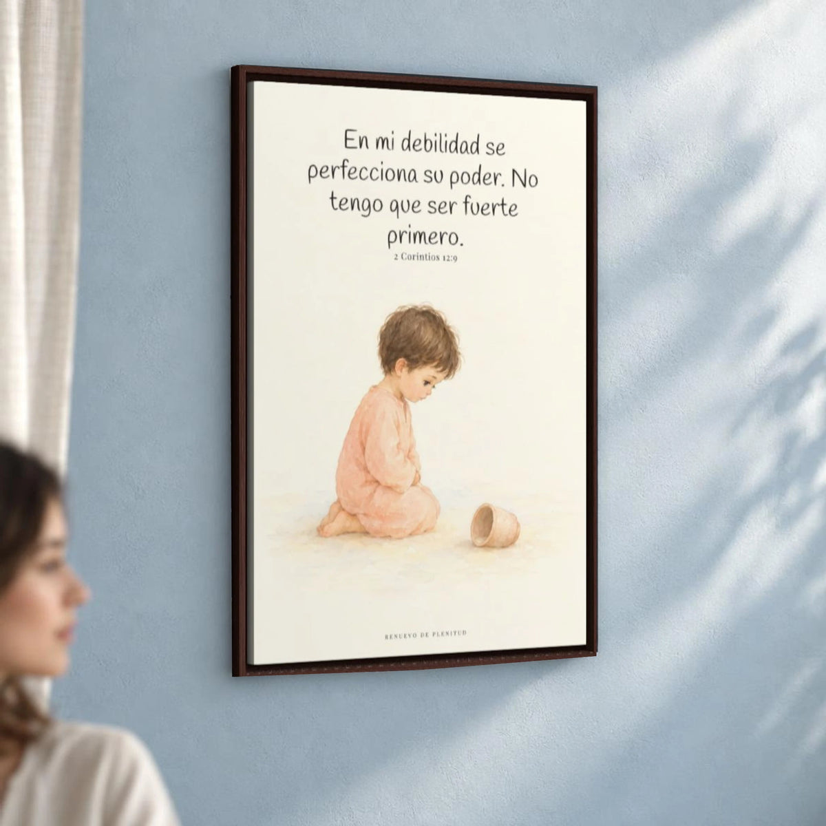 En mi debilidad se perfecciona su poder | Cuadro cristiano enmarcado | 2 Corintios 12:9 — 24×36 pulgadas, marco espresso, vista angular ambiental del marco flotante, escala física calibrada