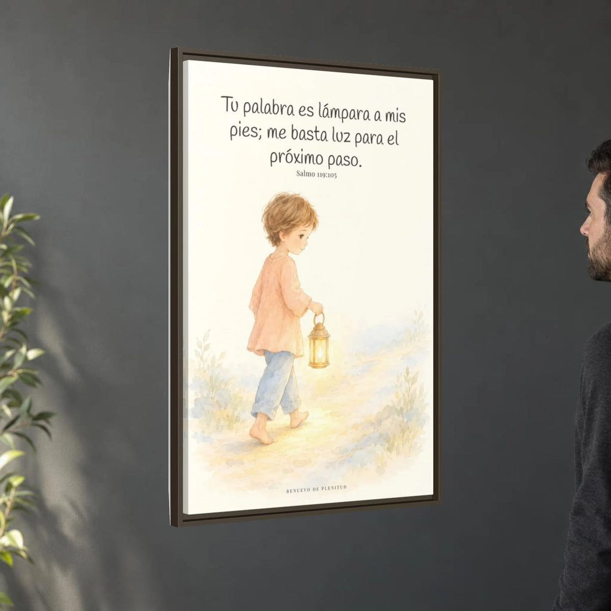 Lámpara es tu palabra a mis pies — Lienzo Cristiano Enmarcado | Salmo 119:105 — 24×36 pulgadas, marco espresso, vista angular ambiental del marco flotante, escala física calibrada