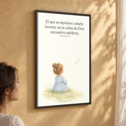 La prisa del corazón no agrada a Dios | Decoración cristiana enmarcada | Proverbios 14:29 — 24×36 pulgadas, marco espresso, vista angular ambiental del marco flotante, escala física calibrada