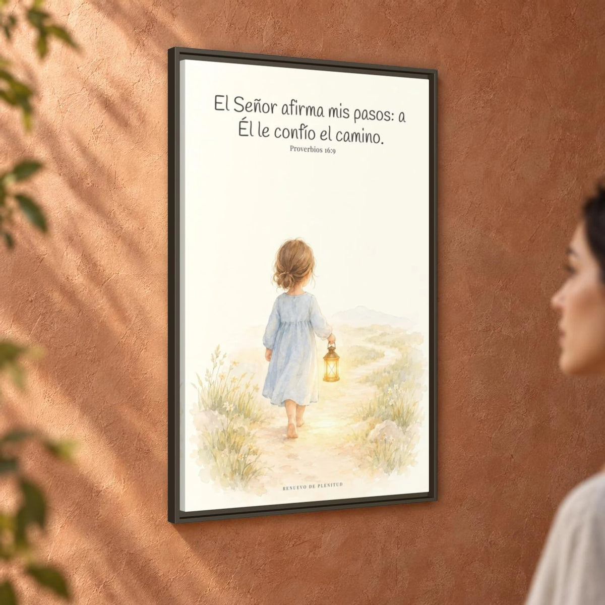 El Señor dirige mis pasos este año — Lienzo Cristiano Enmarcado | Proverbios 16:9 — 24×36 pulgadas, marco espresso, vista angular ambiental del marco flotante, escala física calibrada