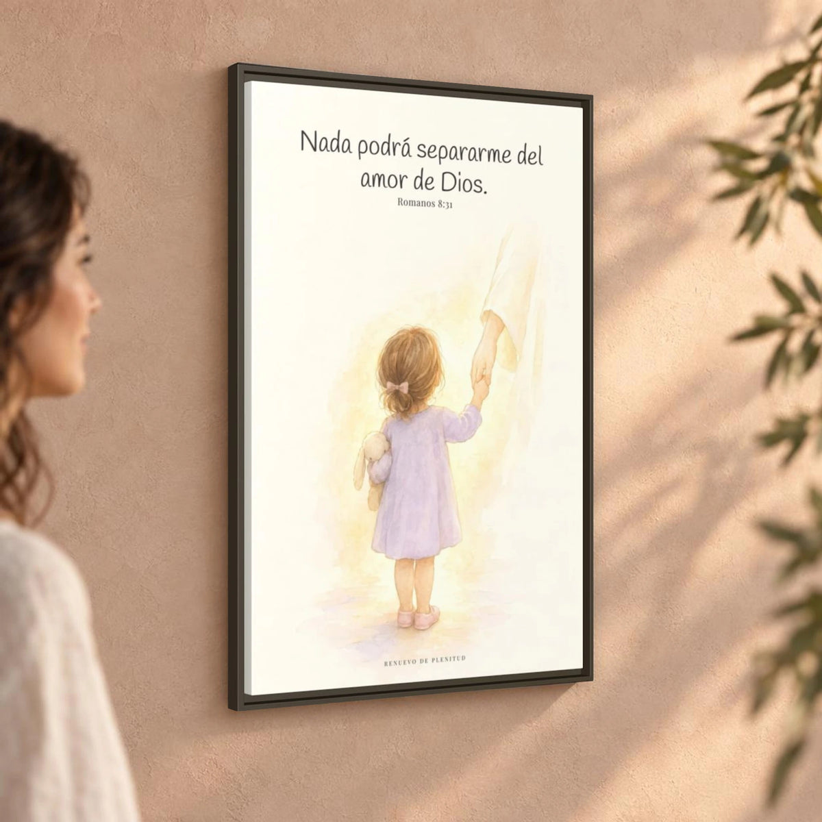 Nada podrá separarme del amor de Dios | Cuadro de inspiración bíblica | Romanos 8:31 — 24×36 pulgadas, marco espresso, vista angular ambiental del marco flotante, escala física calibrada
