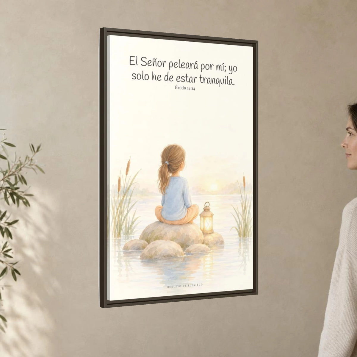 Jehová peleará por mí — Lienzo Cristiano Enmarcado | Éxodo 14:14 — 24×36 pulgadas, marco espresso, vista angular ambiental del marco flotante, escala física calibrada