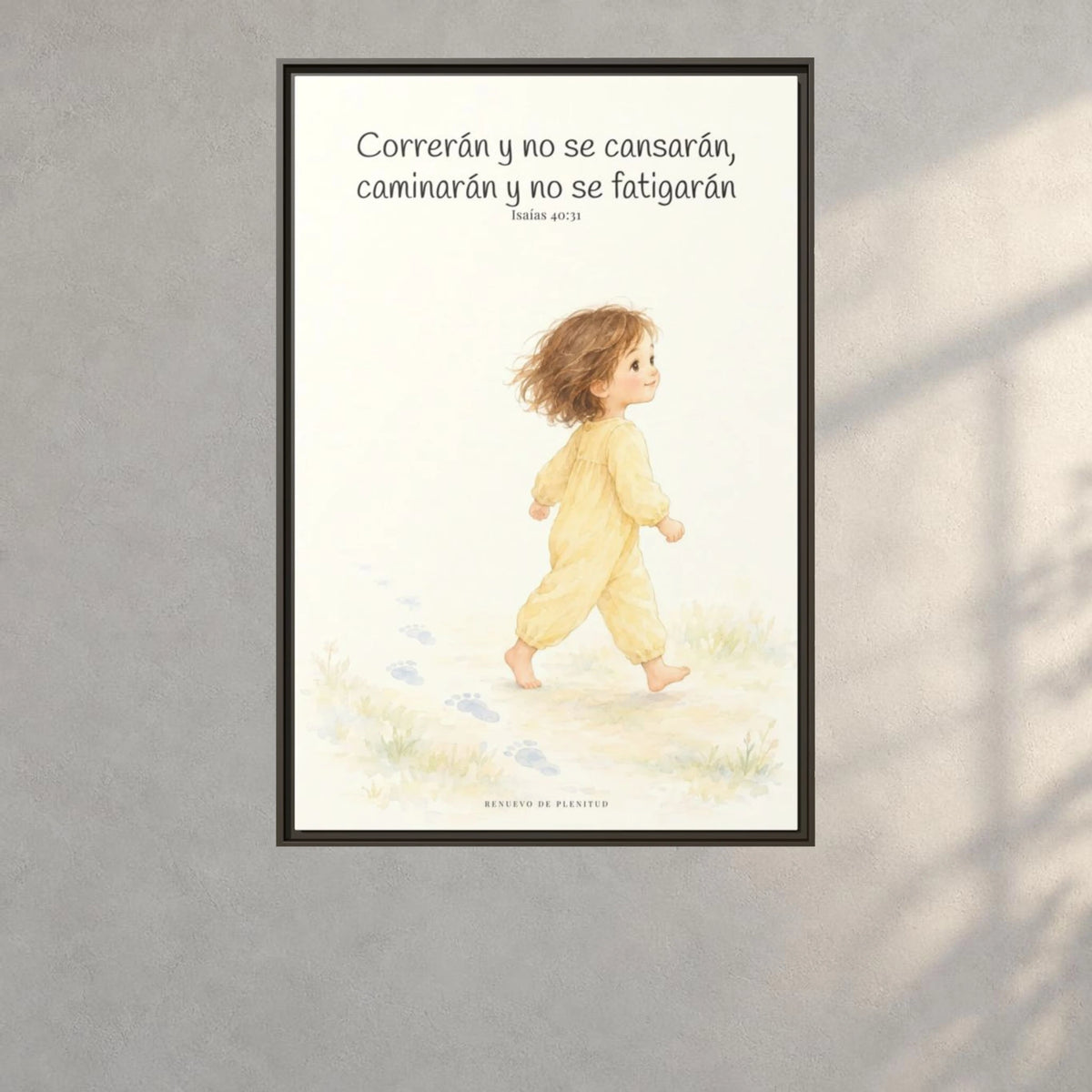 Correrán y no se cansarán — Lienzo Cristiano Enmarcado | Isaías 40:31 — 24×36 pulgadas, marco espresso, vista frontal ambiental, escala física calibrada
