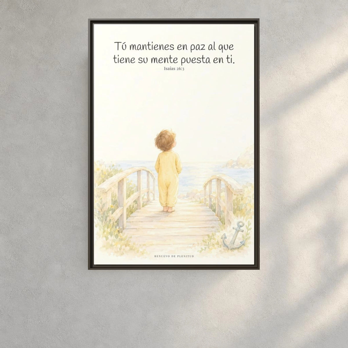 El Señor me sostiene en pensamiento firme — Lienzo Cristiano Enmarcado | Isaías 26:3 — 24×36 pulgadas, marco espresso, vista frontal ambiental, escala física calibrada