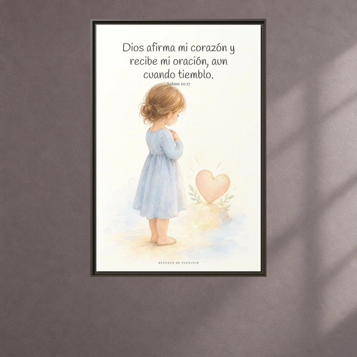 Dios dispone mi corazón cuando oro — Lienzo Cristiano Enmarcado | Salmo 10:17 — 24×36 pulgadas, marco espresso, vista frontal ambiental, escala física calibrada
