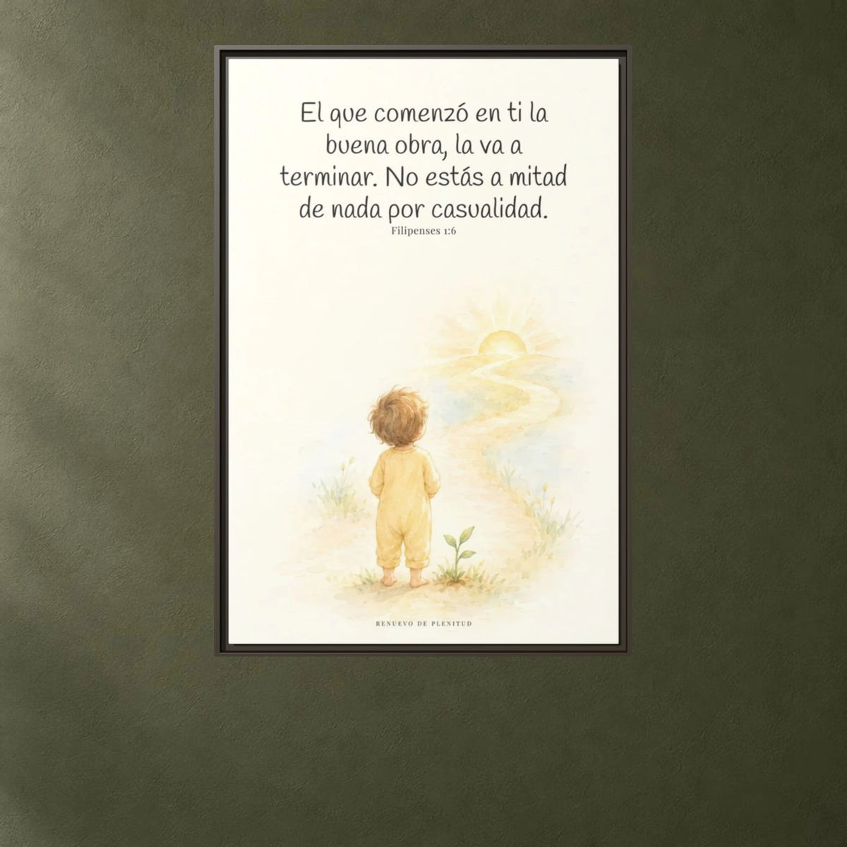 Dios terminará la buena obra que empezó en mí — Lienzo Cristiano Enmarcado | Filipenses 1:6 — 24×36 pulgadas, marco espresso, vista frontal ambiental, escala física calibrada