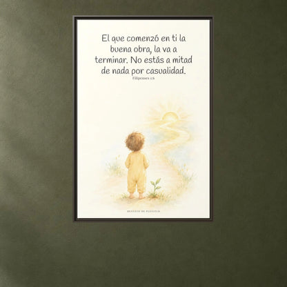 Dios terminará la buena obra que empezó en mí — Lienzo Cristiano Enmarcado | Filipenses 1:6 — 24×36 pulgadas, marco espresso, vista frontal ambiental, escala física calibrada