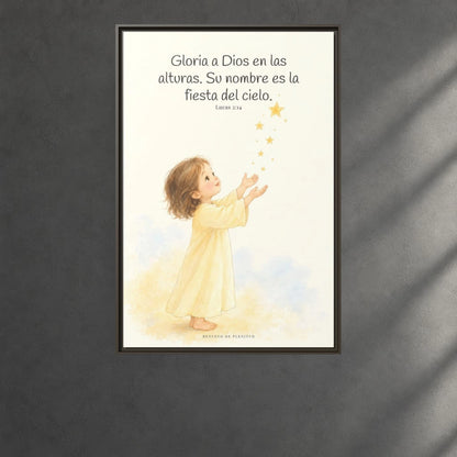 El cielo entero da gloria a Dios | Decoración de fe para pared | Lucas 2:14 — 24×36 pulgadas, marco espresso, vista frontal ambiental, escala física calibrada