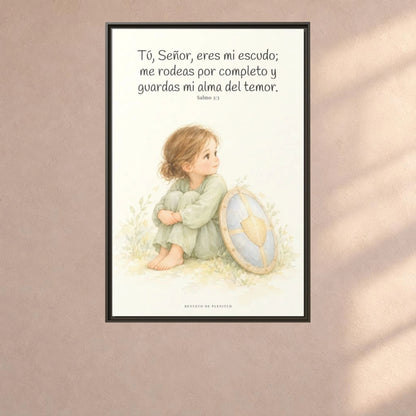 Dios es mi escudo alrededor — Lienzo Cristiano Enmarcado | Salmo 3:3 — 24×36 pulgadas, marco espresso, vista frontal ambiental, escala física calibrada