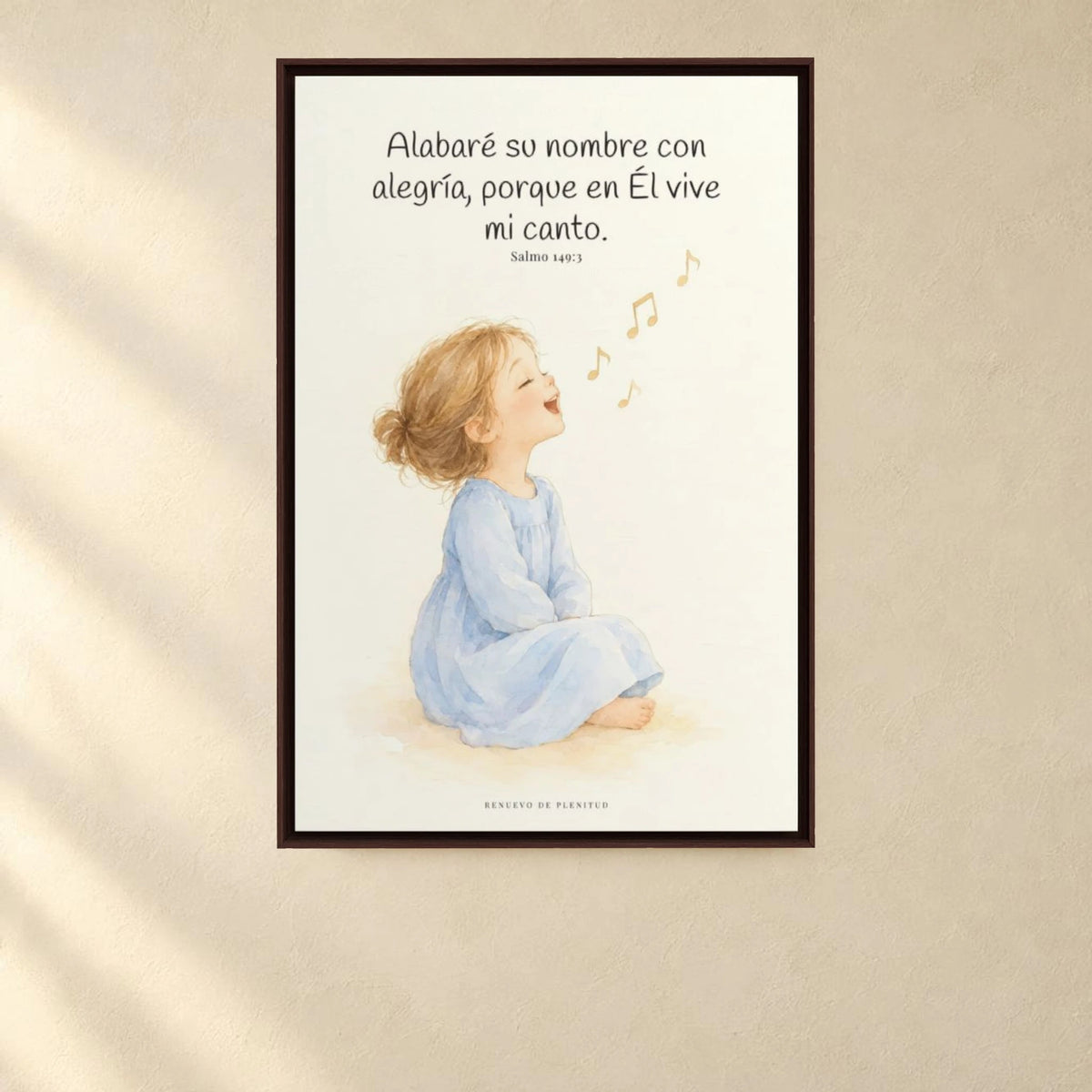 Alabaré su nombre con alegría | Arte cristiano enmarcado | Salmo 149:3 — 24×36 pulgadas, marco espresso, vista frontal ambiental, escala física calibrada