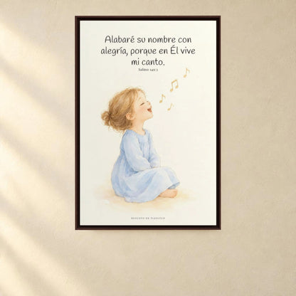 Alabaré su nombre con alegría | Arte cristiano enmarcado | Salmo 149:3 — 24×36 pulgadas, marco espresso, vista frontal ambiental, escala física calibrada