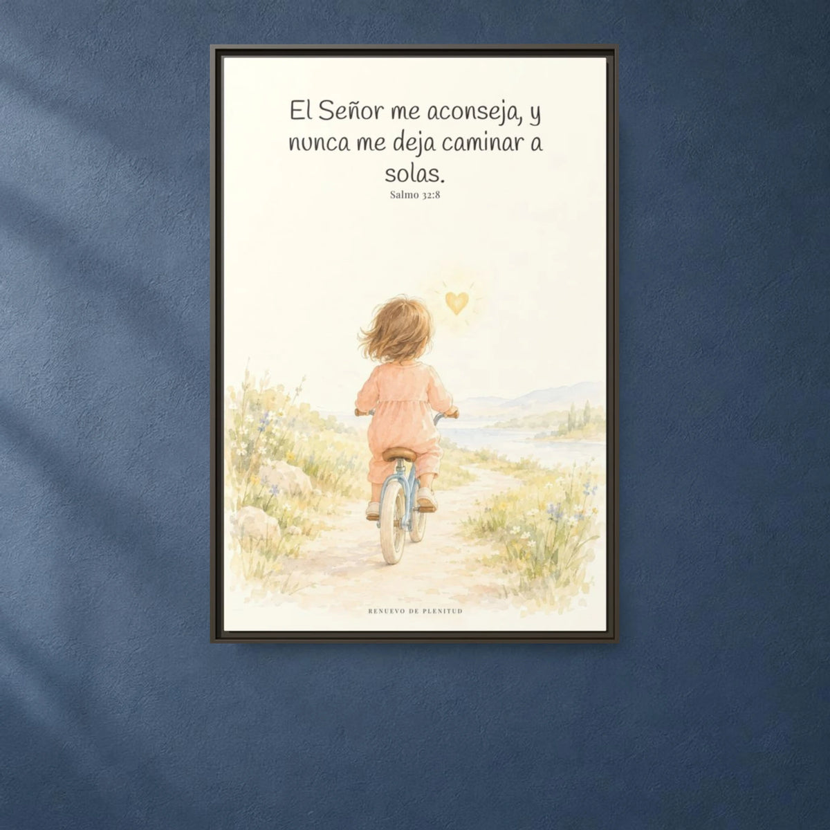 El Señor me aconseja con amor | Cuadro de fe enmarcado | Salmo 32:8 — 24×36 pulgadas, marco espresso, vista frontal ambiental, escala física calibrada