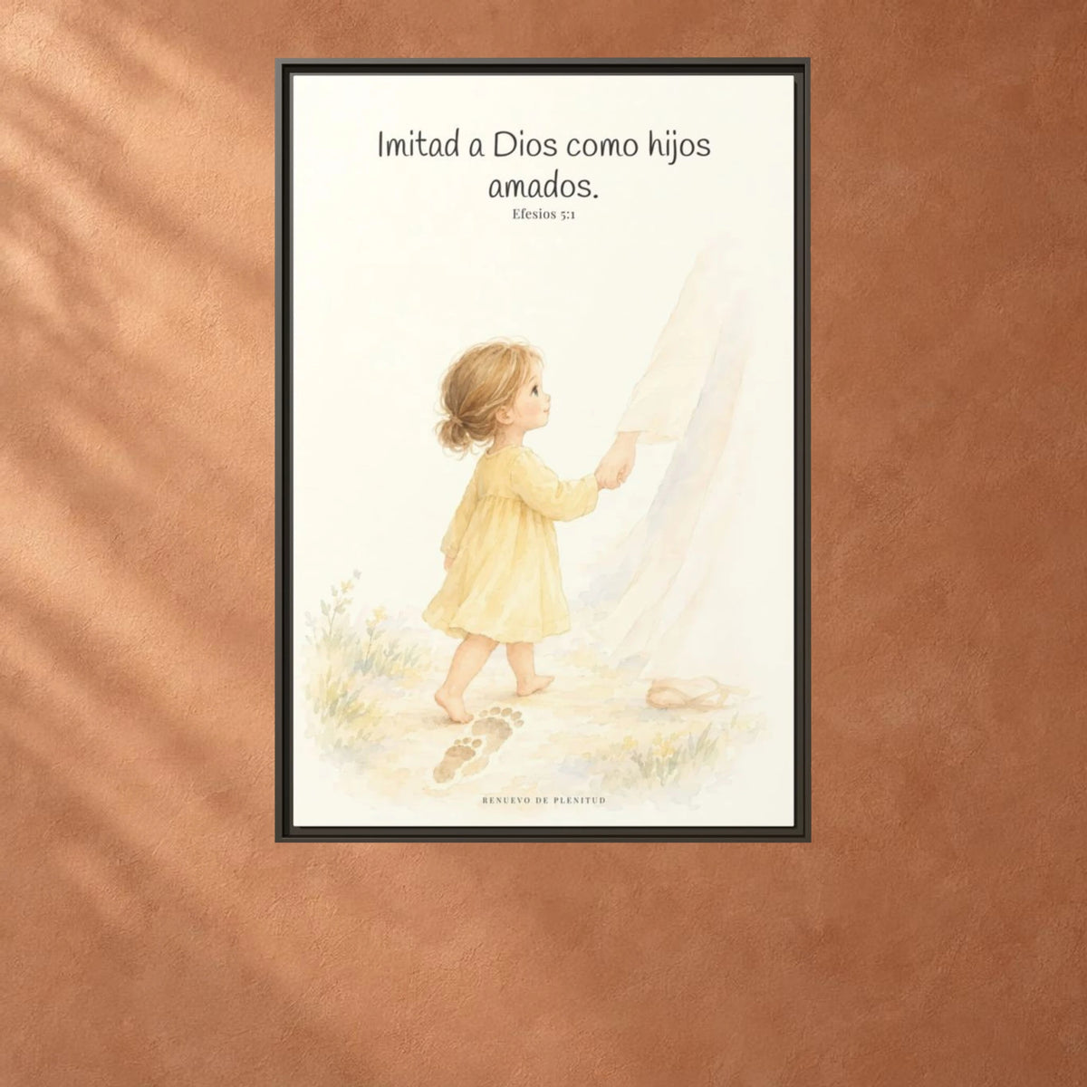 Imitad a Dios como hijos amados — Lienzo Cristiano Enmarcado | Efesios 5:1 — 24×36 pulgadas, marco espresso, vista frontal ambiental, escala física calibrada