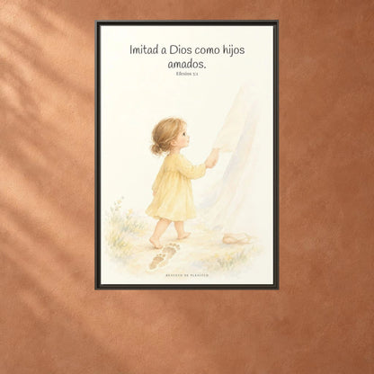 Imitad a Dios como hijos amados — Lienzo Cristiano Enmarcado | Efesios 5:1 — 24×36 pulgadas, marco espresso, vista frontal ambiental, escala física calibrada