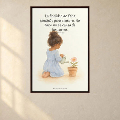 Tu fidelidad continúa para siempre | Cuadro de fe enmarcado | Jeremías 31:3 — 24×36 pulgadas, marco espresso, vista frontal ambiental, escala física calibrada