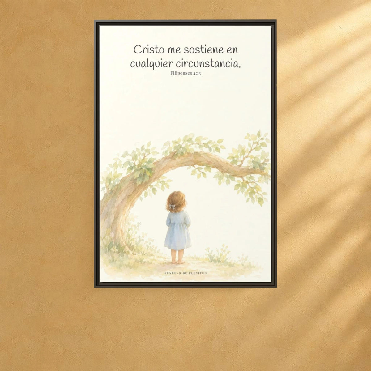 Cristo me sostiene en cualquier circunstancia — Lienzo Cristiano Enmarcado | Filipenses 4:13 — 24×36 pulgadas, marco espresso, vista frontal ambiental, escala física calibrada