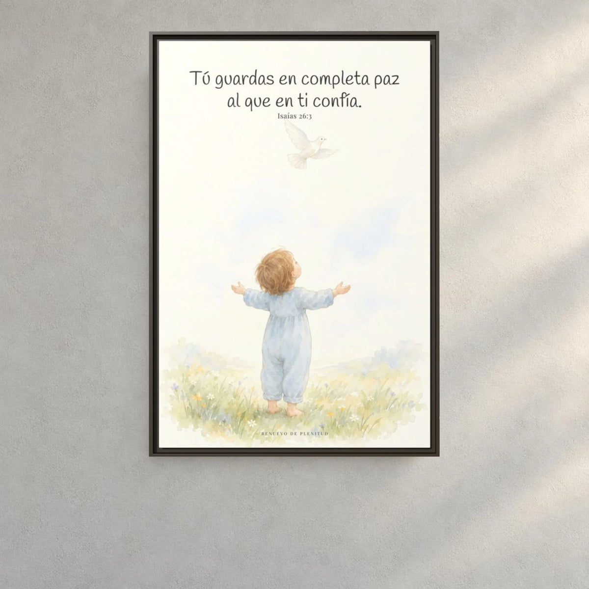 Tú guardas en paz al que confía en ti — Lienzo Cristiano Enmarcado | Isaías 26:3 — 24×36 pulgadas, marco espresso, vista frontal ambiental, escala física calibrada