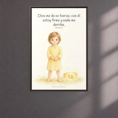 Dios me da su fuerza para estar firme — Lienzo Cristiano Enmarcado | Efesios 6:11 — 24×36 pulgadas, marco espresso, vista frontal ambiental, escala física calibrada