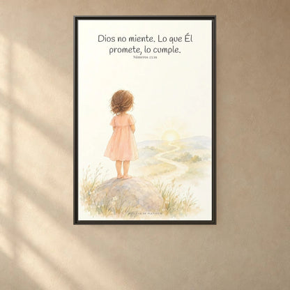Dios no miente: sus promesas siempre se cumplen — Lienzo Cristiano Enmarcado | Números 23:19 — 24×36 pulgadas, marco espresso, vista frontal ambiental, escala física calibrada