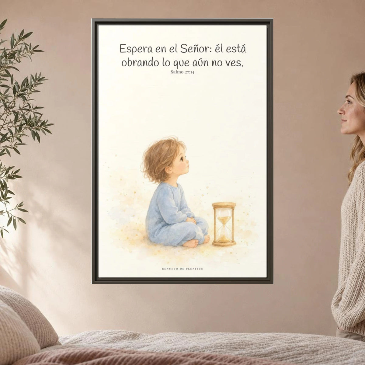 Espera en Jehová, y él te sostendrá — Lienzo Cristiano Enmarcado | Salmo 27:14 — 24×36 pulgadas, marco espresso, vista frontal ambiental, escala física calibrada