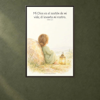 Dios es el sostén de mi vida — Lienzo Cristiano Enmarcado | Salmo 42:5 — 24×36 pulgadas, marco espresso, vista frontal ambiental, escala física calibrada