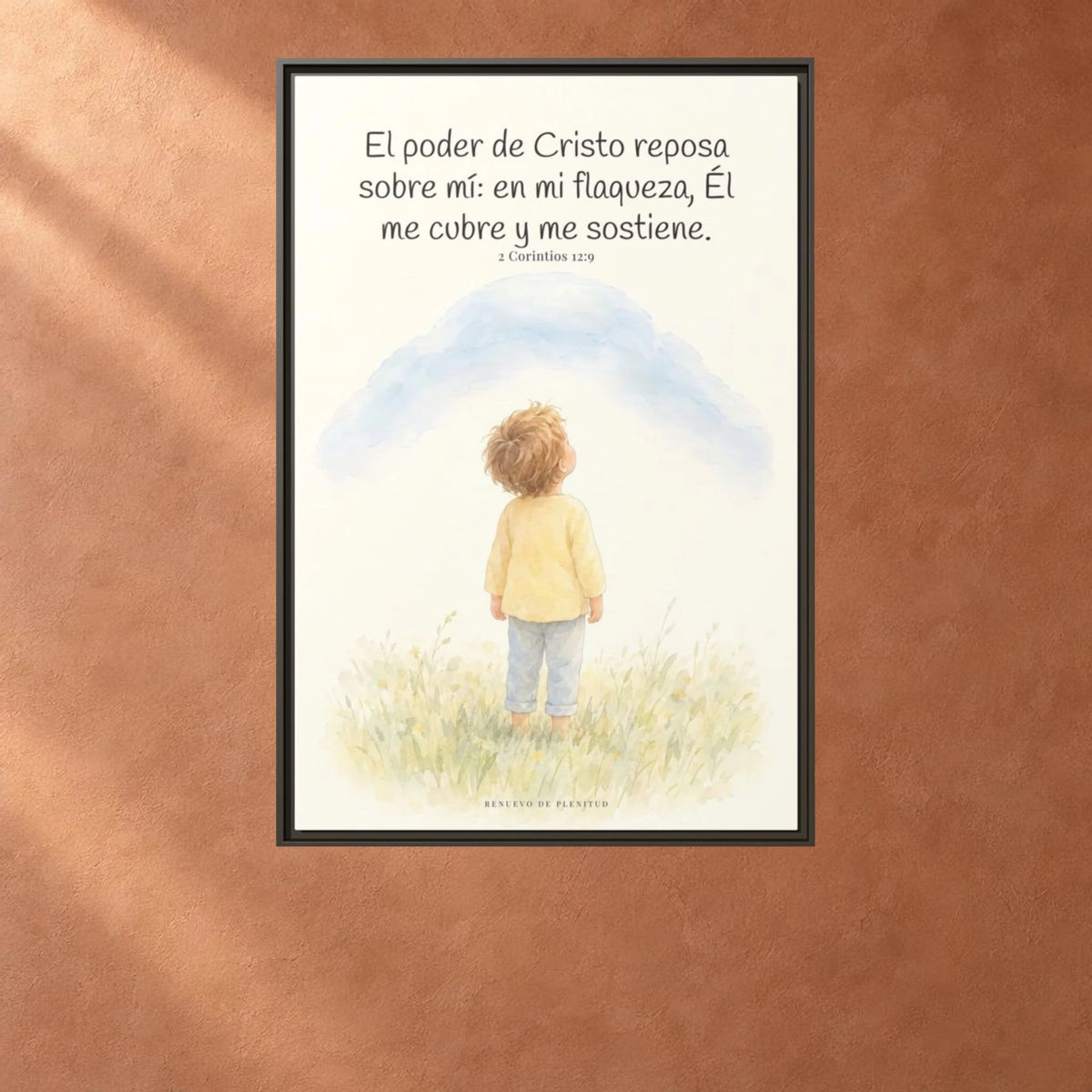 El poder de Cristo descansa sobre mí | Cuadro bíblico para el hogar | 2 Corintios 12:9 — 24×36 pulgadas, marco espresso, vista frontal ambiental, escala física calibrada