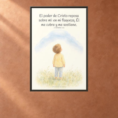 El poder de Cristo descansa sobre mí | Cuadro bíblico para el hogar | 2 Corintios 12:9 — 24×36 pulgadas, marco espresso, vista frontal ambiental, escala física calibrada