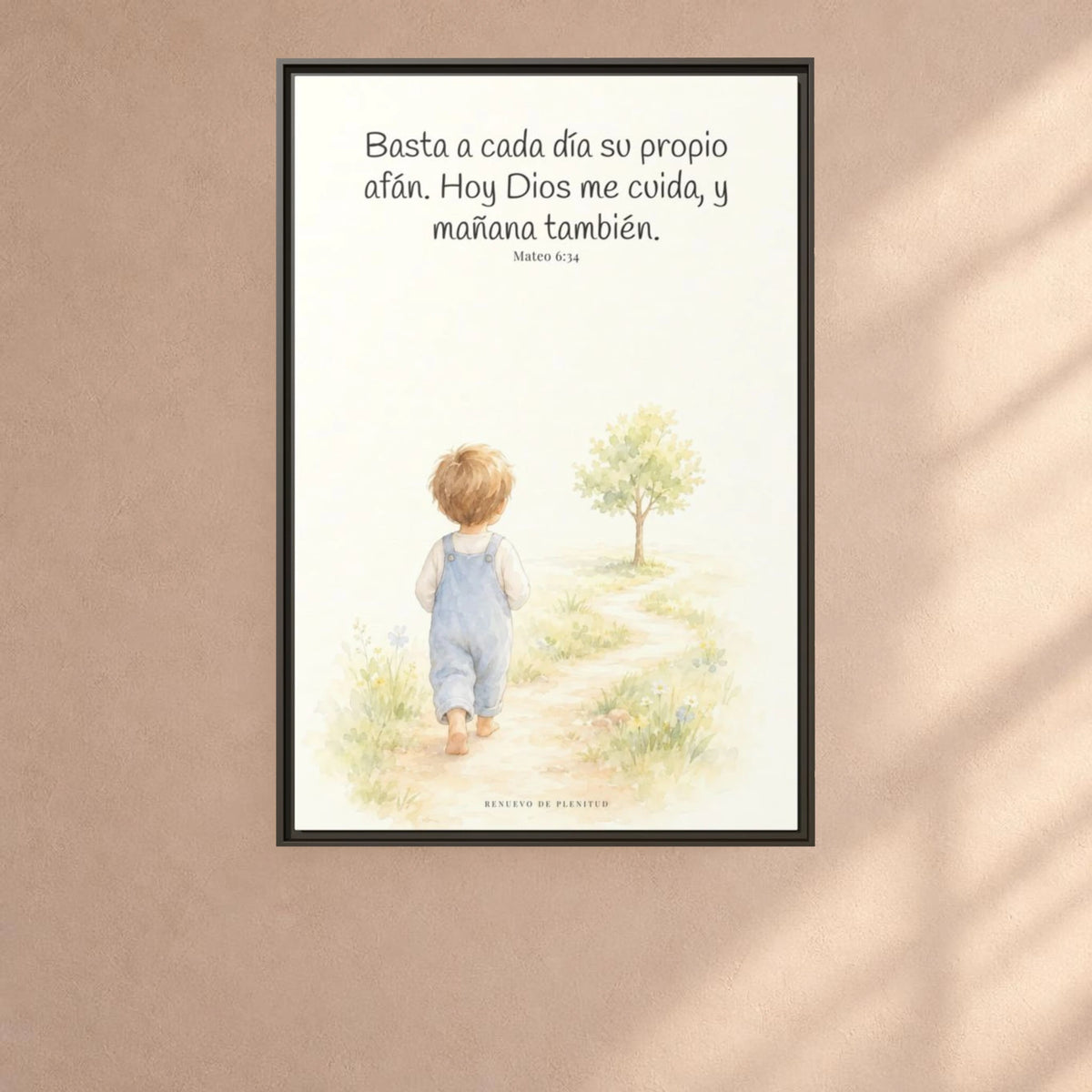Basta a cada día su propio afán — Lienzo Cristiano Enmarcado | Mateo 6:34 — 24×36 pulgadas, marco espresso, vista frontal ambiental, escala física calibrada