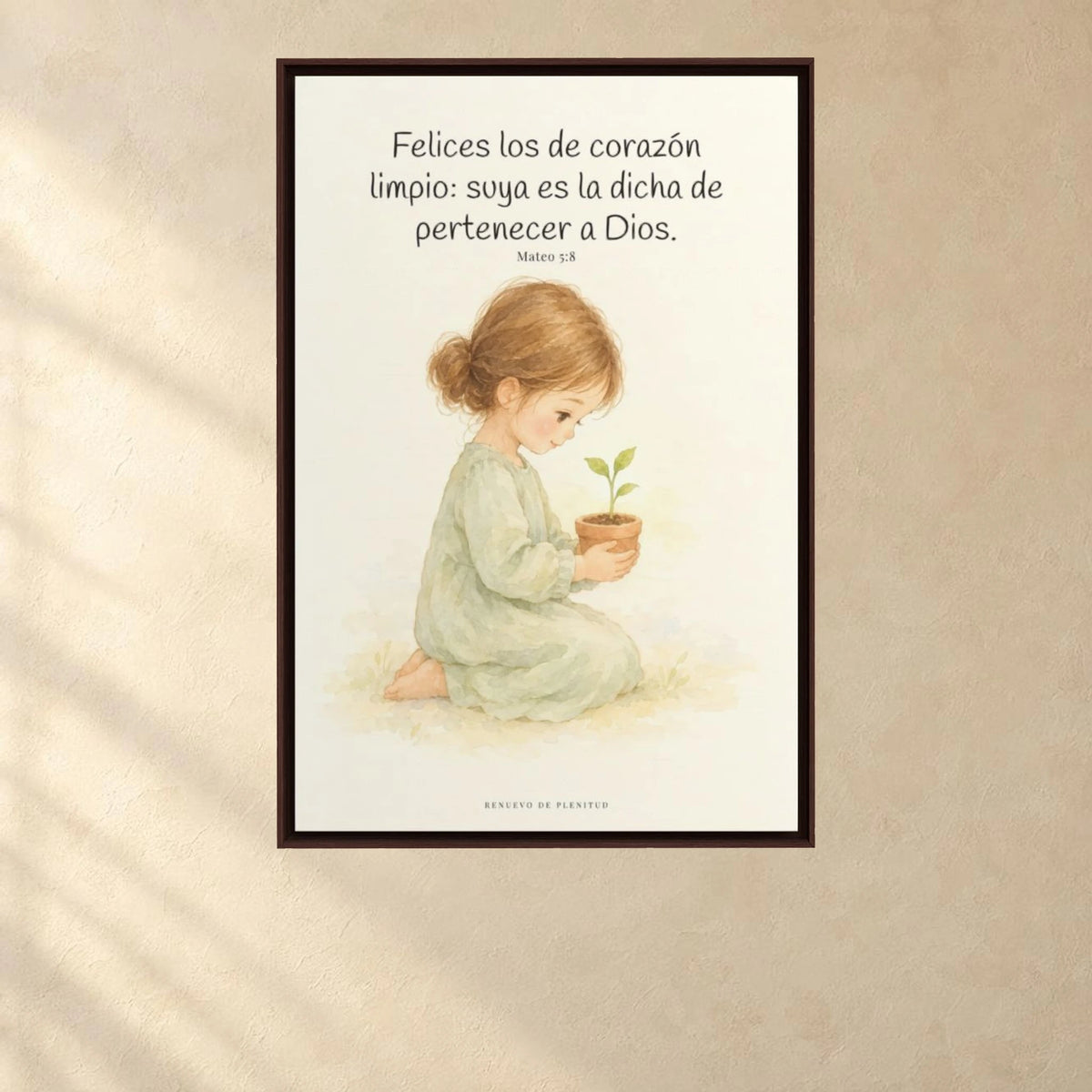 Felices los que pertenecen a Dios | Lienzo de fe para el hogar | Mateo 5:8 — 24×36 pulgadas, marco espresso, vista frontal ambiental, escala física calibrada