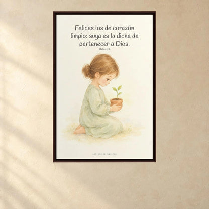 Felices los que pertenecen a Dios | Lienzo de fe para el hogar | Mateo 5:8 — 24×36 pulgadas, marco espresso, vista frontal ambiental, escala física calibrada