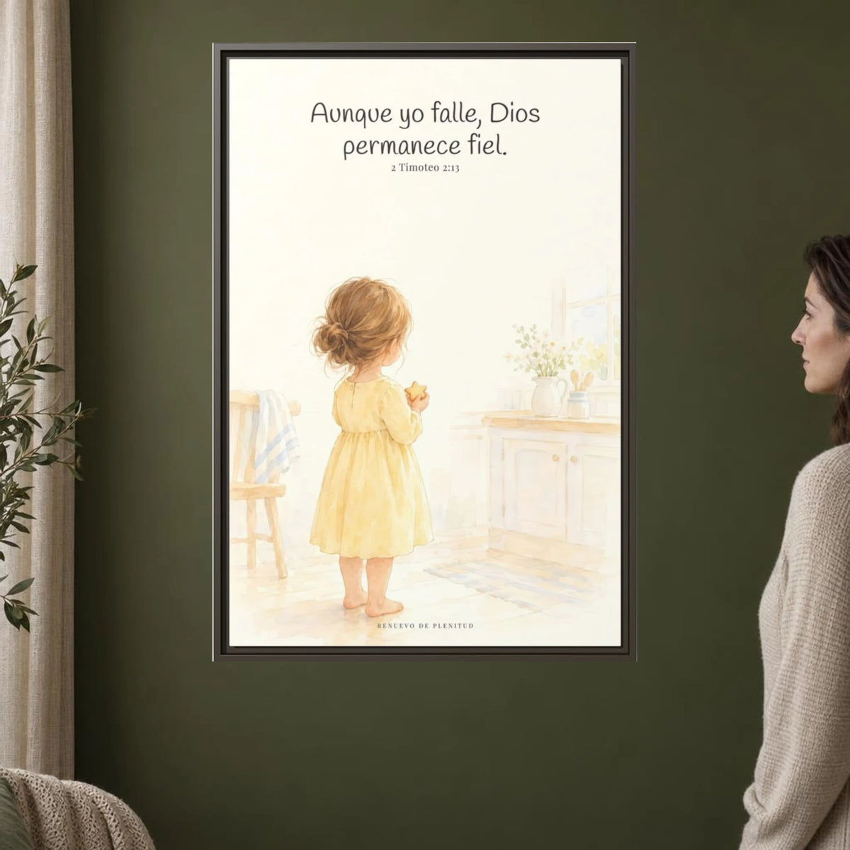 Dios permanece fiel — Lienzo Cristiano Enmarcado | 2 Timoteo 2:13 — 24×36 pulgadas, marco espresso, vista frontal ambiental, escala física calibrada