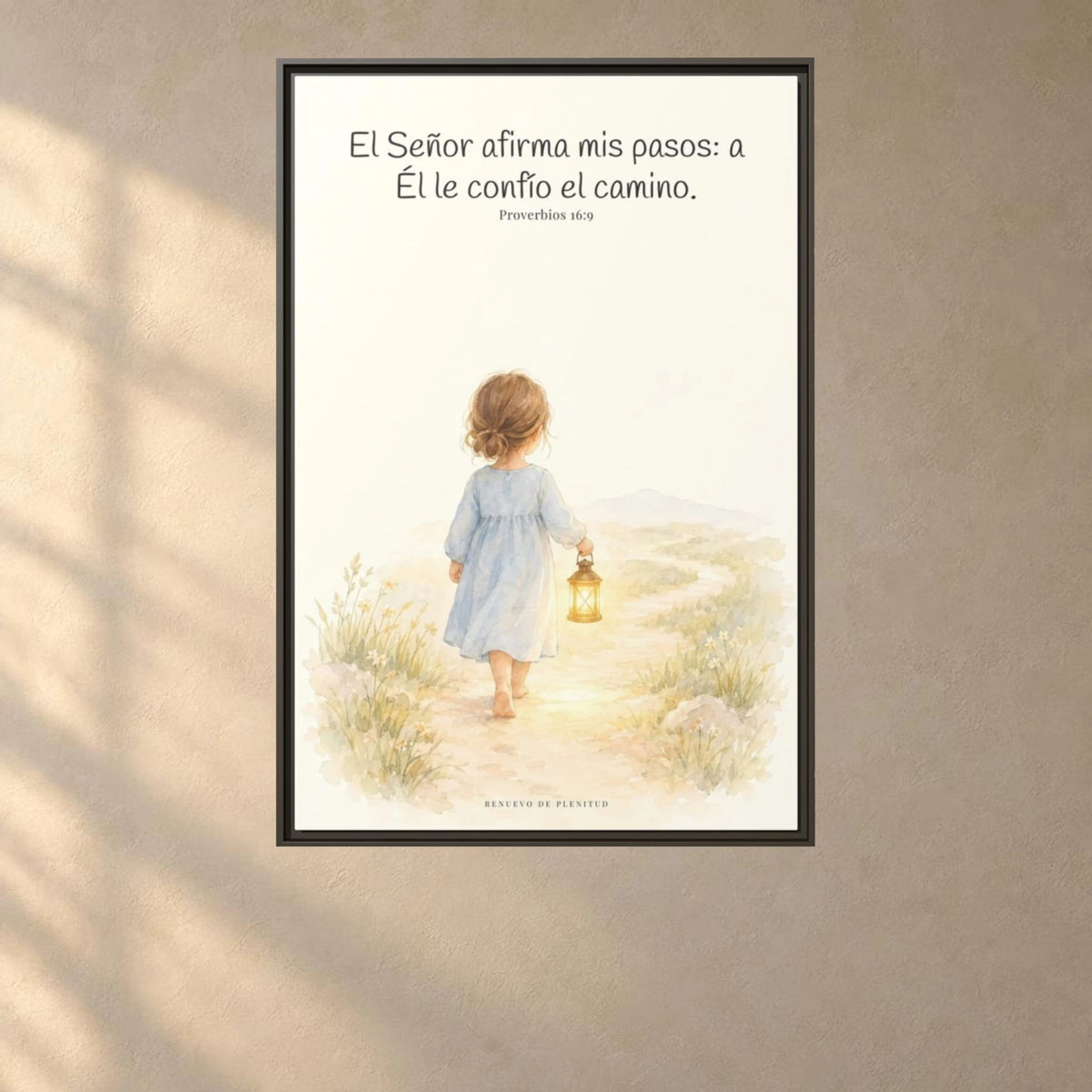 El Señor dirige mis pasos este año — Lienzo Cristiano Enmarcado | Proverbios 16:9 — 24×36 pulgadas, marco espresso, vista frontal ambiental, escala física calibrada