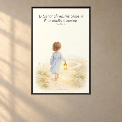 El Señor dirige mis pasos este año — Lienzo Cristiano Enmarcado | Proverbios 16:9 — 24×36 pulgadas, marco espresso, vista frontal ambiental, escala física calibrada