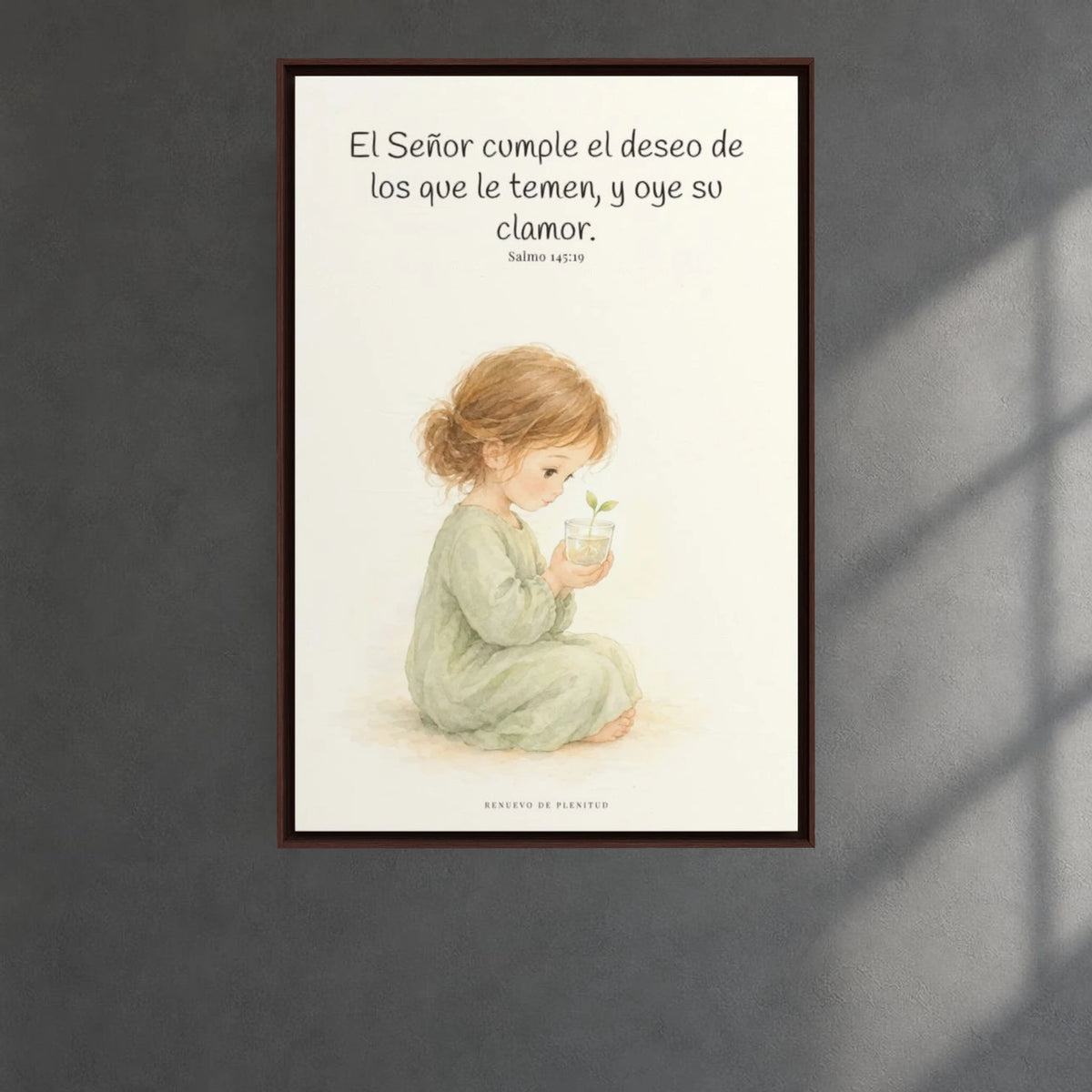 El Señor cumple el deseo de los que le temen | Cuadro de fe enmarcado | Salmo 145:19 — 24×36 pulgadas, marco espresso, vista frontal ambiental, escala física calibrada
