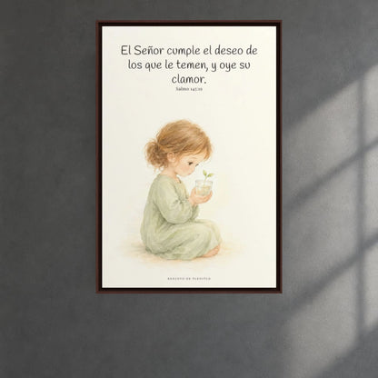 El Señor cumple el deseo de los que le temen | Cuadro de fe enmarcado | Salmo 145:19 — 24×36 pulgadas, marco espresso, vista frontal ambiental, escala física calibrada