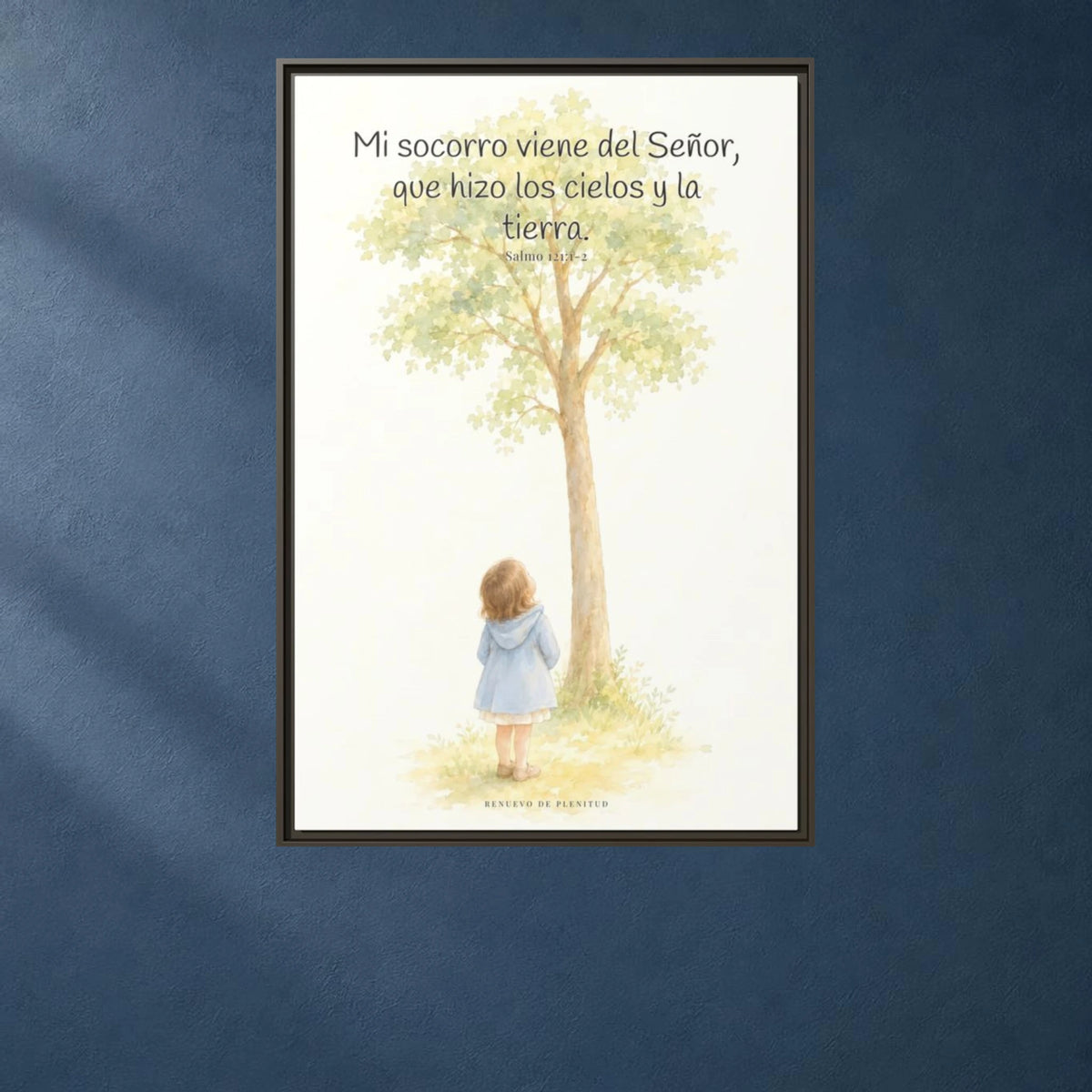 Mi socorro viene de Jehová — Lienzo Cristiano Enmarcado | Salmo 121:1-2 — 24×36 pulgadas, marco espresso, vista frontal ambiental, escala física calibrada
