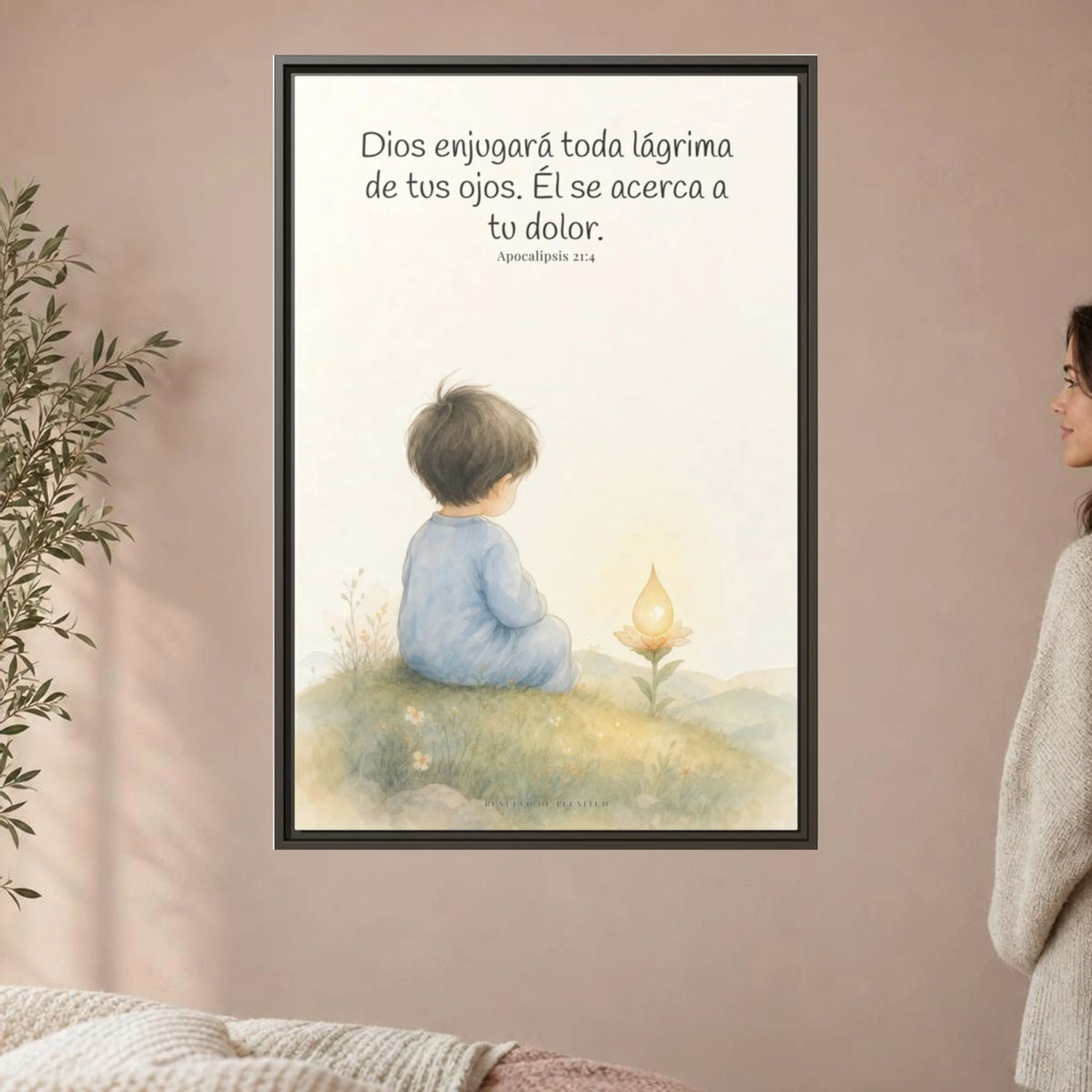Dios enjugará toda lágrima — Lienzo Cristiano Enmarcado | Apocalipsis 21:4 — 24×36 pulgadas, marco espresso, vista frontal ambiental, escala física calibrada
