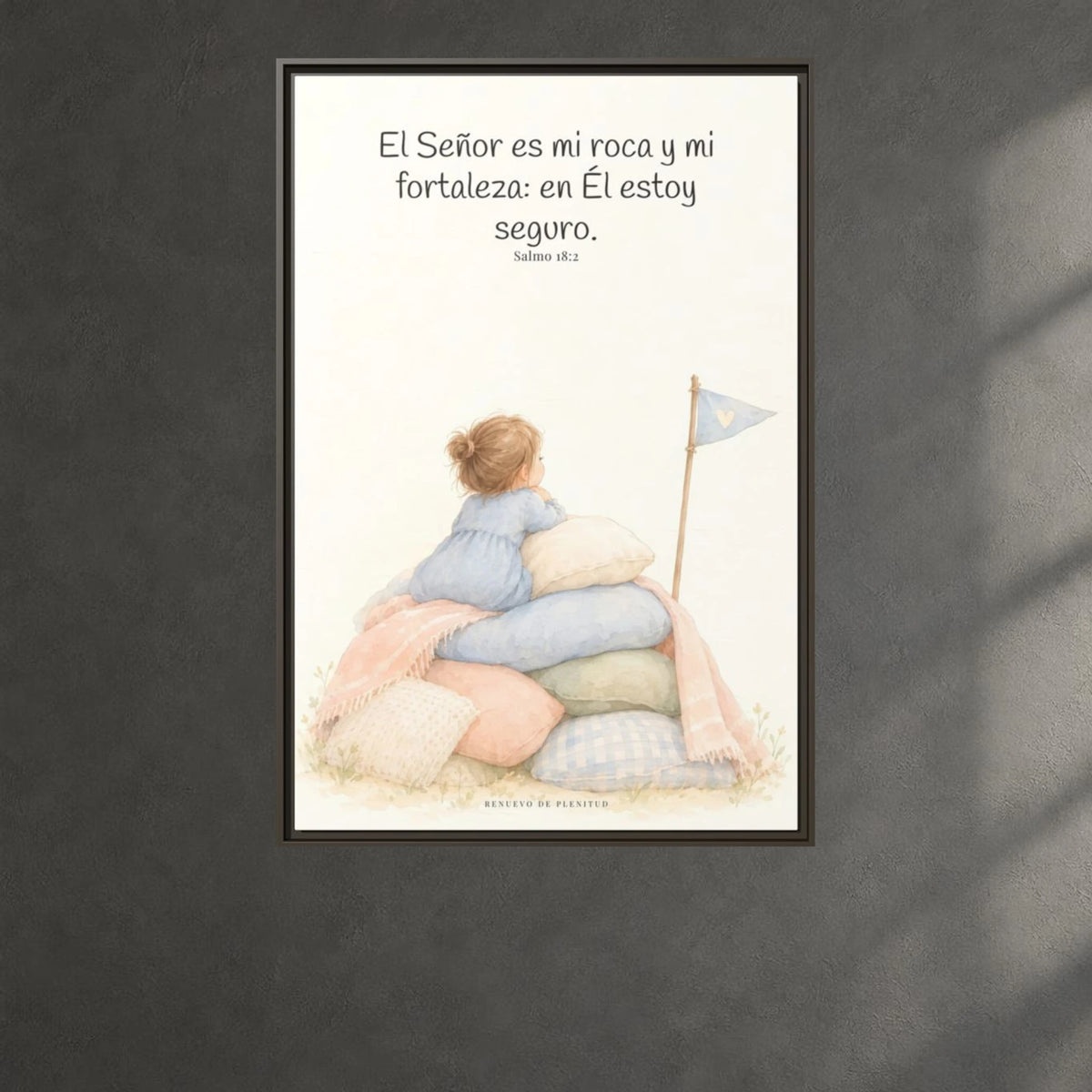 Jehová es mi roca y mi fortaleza — Lienzo Cristiano Enmarcado | Salmo 18:2 — 24×36 pulgadas, marco espresso, vista frontal ambiental, escala física calibrada