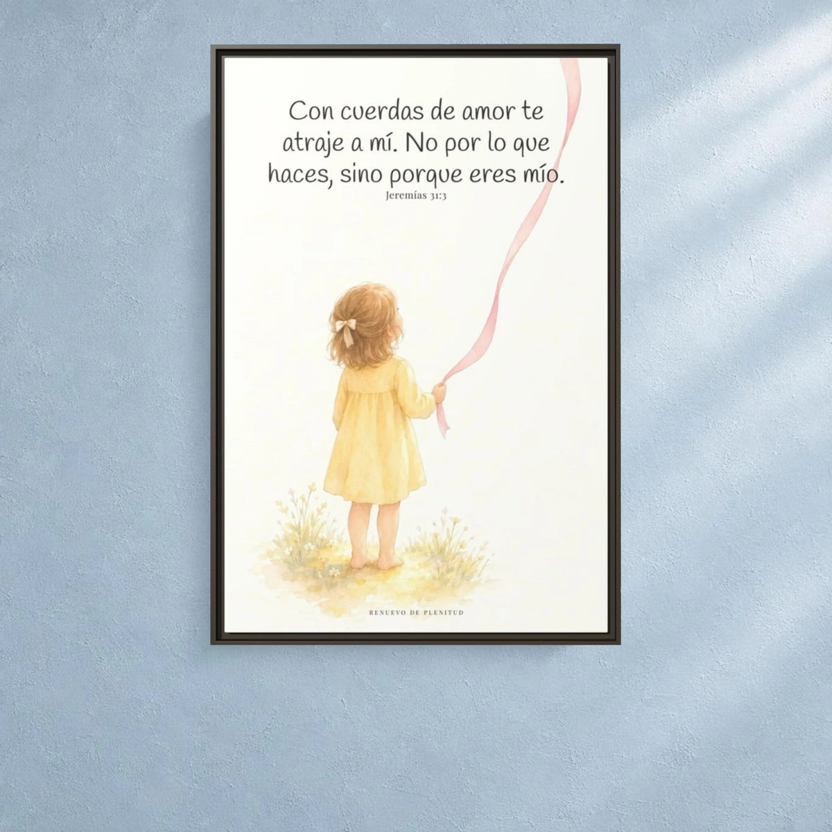 Con cuerdas de amor te atraje a mí — Lienzo Cristiano Enmarcado | Jeremías 31:3 — 24×36 pulgadas, marco espresso, vista frontal ambiental, escala física calibrada