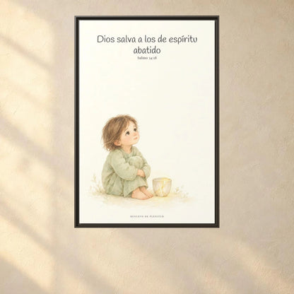 Dios salva al espíritu abatido | Lienzo de fe para el hogar | Salmo 34:18 — 24×36 pulgadas, marco espresso, vista frontal ambiental, escala física calibrada