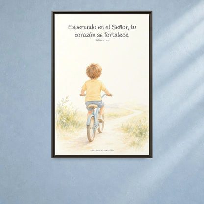 Jehová fortalece tu corazón — Lienzo Cristiano Enmarcado | Salmo 27:14 — 24×36 pulgadas, marco espresso, vista frontal ambiental, escala física calibrada