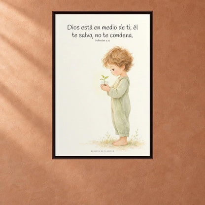 Dios está en medio de ti para salvarte | Cuadro de inspiración bíblica | Sofonías 3:17 — 24×36 pulgadas, marco espresso, vista frontal ambiental, escala física calibrada