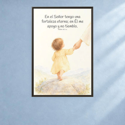 El Señor es mi fortaleza eterna — Lienzo Cristiano Enmarcado | Isaías 26:3-4 — 24×36 pulgadas, marco espresso, vista frontal ambiental, escala física calibrada