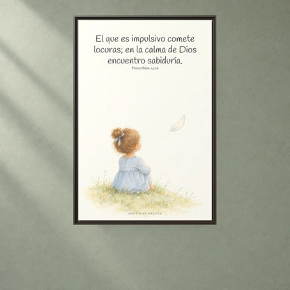 La prisa del corazón no agrada a Dios | Decoración cristiana enmarcada | Proverbios 14:29 — 24×36 pulgadas, marco espresso, vista frontal ambiental, escala física calibrada